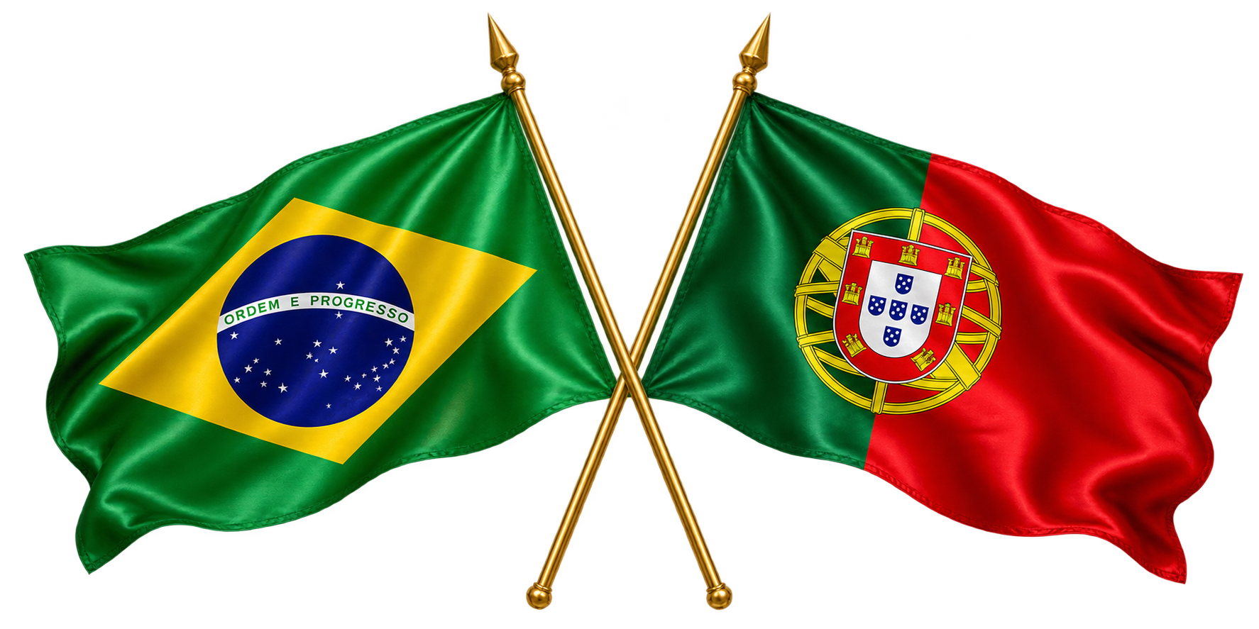 Bandeiras do Brasil e de Portugal com mastros cruzados
